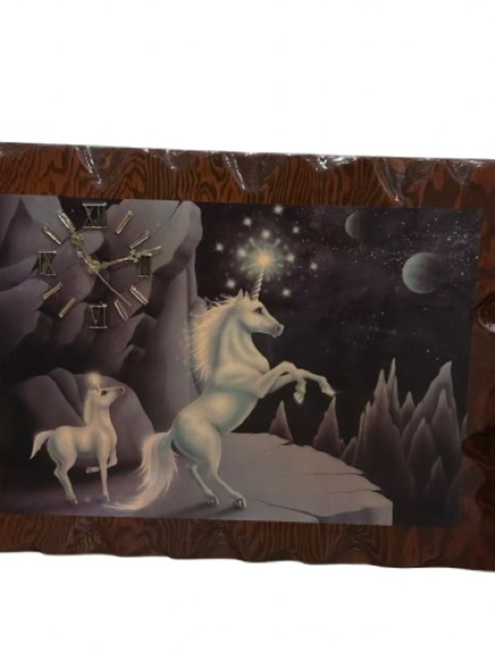 VTG 80s Unicorn in Paradise Clock Andy Mack Lacquered Wood Fairycore Mystical - Picture 2 of 9